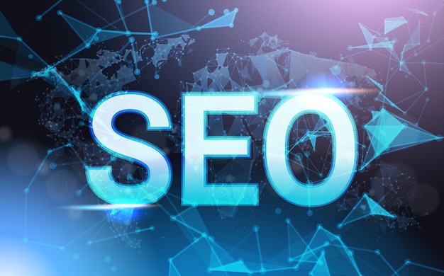 Seo sign over futuristic low poly mesh wireframe. content optimization concept