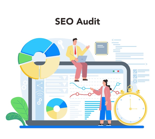 Seo-specialist online service of platform idee van zoekmachineoptimalisatie voor website als marketingstrategie webpaginapromotie online seo-audit platte vectorillustratie