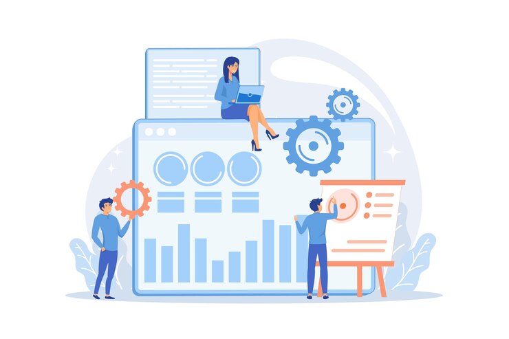 Vector seo specialists work on high-quality organic search traffic for websites. seo analytics team,