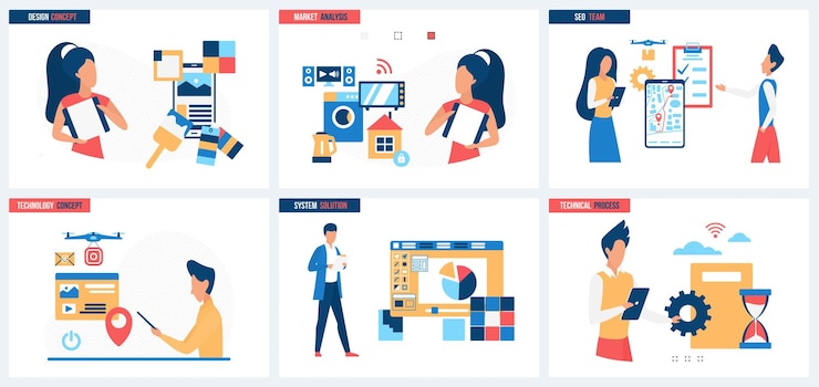 Vector seo team work technical process system solutions of mobile app online market analysis