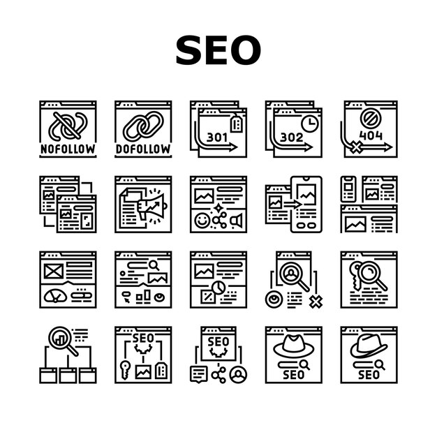 seo technical audit icons set vector