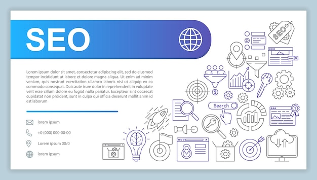 SEO 웹 배너, 명함 벡터 템플릿입니다. 검색 엔진 최적화. 전화, 이메일 선형 아이콘이 있는 회사 연락처 페이지. 디지털 마케팅. 프레 젠 테이 션, 웹 페이지 아이디어입니다. 기업 인쇄 레이아웃