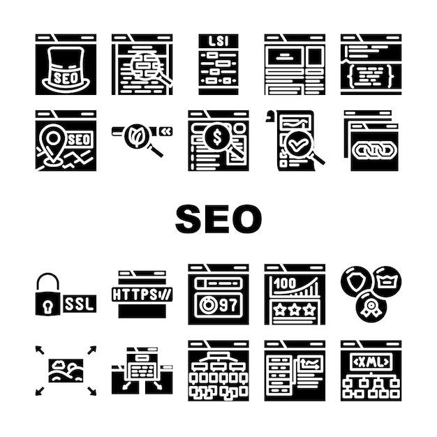 seo web technical consulting icons set vector