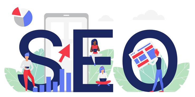 Vector seo word concept cartoon flat people analysts working on laptop analyzing web search data rank