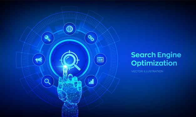 Seo. zoekmachine optimalisatie technologie concept. robotic hand aanraken van digitale interface.