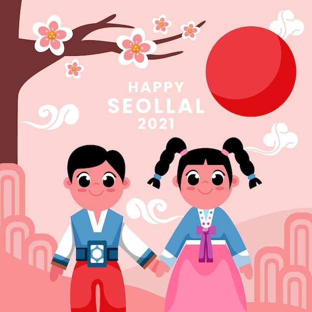 Seollal flat design background with characters