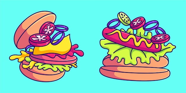 Separate cute burger and hotdog vector illustration fast food flying cartoon flat design