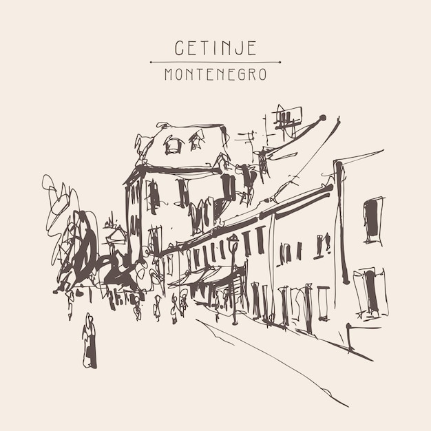 Sepia handtekening van Cetinje straat oude hoofdstad in Montenegro reizen briefkaart