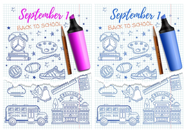 Vettore 1 settembre. ritorno a scuola. set di design per la scuola. icone disegnate a mano della scuola della raccolta su un foglio.