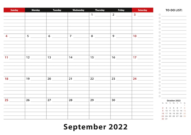 Vector september 2022 monthly desk pad calendar week starts from sunday, size a3.