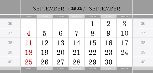 September 2022 quarterly calendar block. wall calendar in english, week starts from sunday.