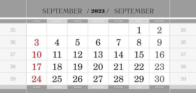 Premium Vector  September 2023 quarterly calendar block wall calendar in  english week starts from sunday