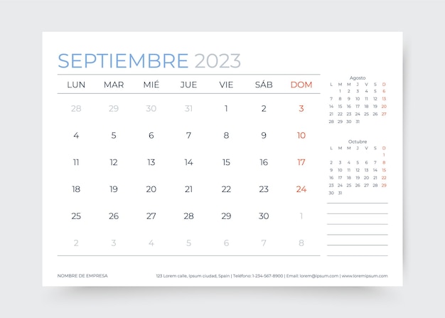 スペイン語デスク マンスリー プランナー テンプレート ベクトル図で 2023 年 9 月の年間カレンダー