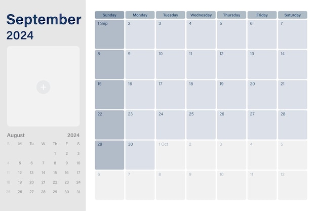 Vector september 2024 calendar desk planner with space for your picture weeks start on sunday