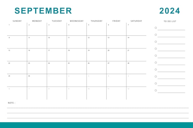 September 2024 calendar Monthly planner template Sunday start Vector design