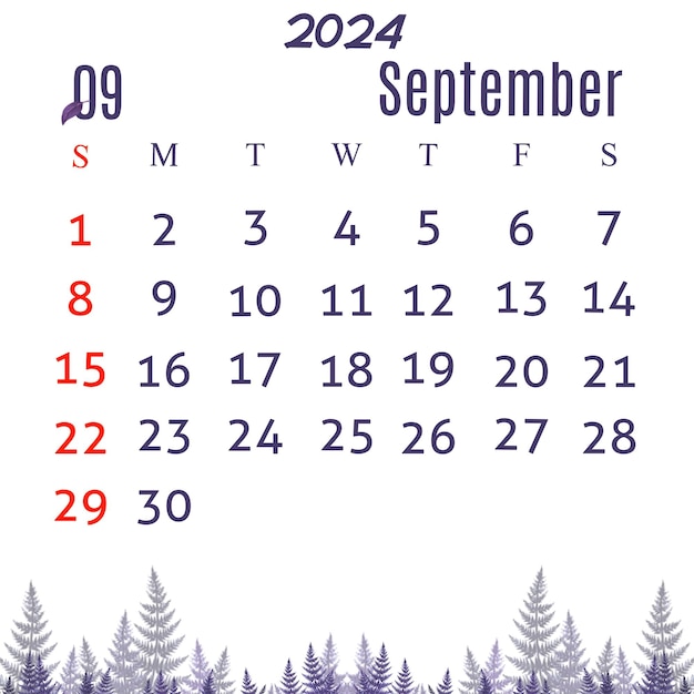 벡터 2024년 9월 달력: 어두운 보라색 잎의 미학적 일러스트레이션