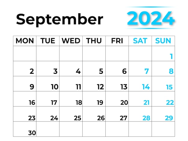 September 2024 monthly calendar with very clean look week starts from Monday