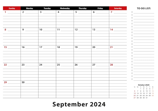 2024년 9월 월간 책상 패드 달력 주는 일요일부터 시작됩니다. 크기 A3