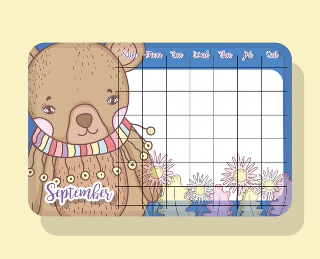 Vector september calendar with bear cute animal