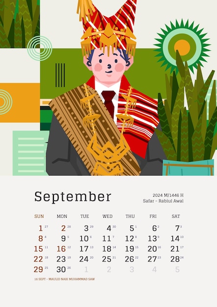 September monthly calendar with Indonesia National Holiday template layout Editable Text