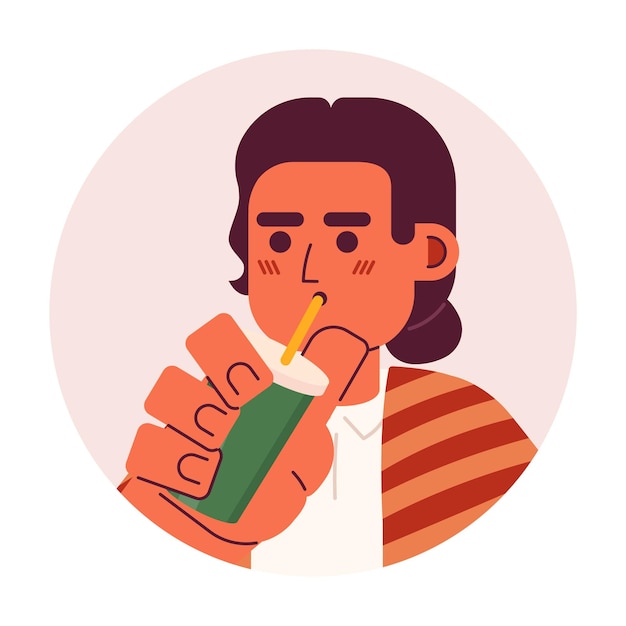 ベクトル セラペのメキシコ人男性がストローを飲みながら 2dベクトルアバターのイラストで コーヒーを握っている ラテン系男性漫画キャラクターの顔 メキシコのアイデンティティ フラットカラー ユーザープロフィール画像が白に分離されています