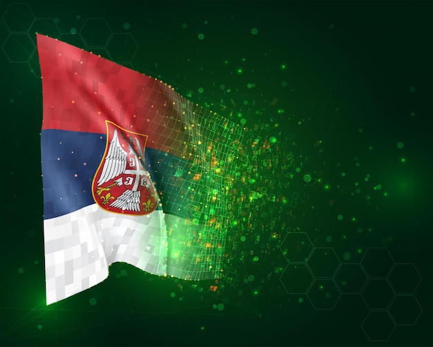 Serbia, 3d flag on green background with polygons