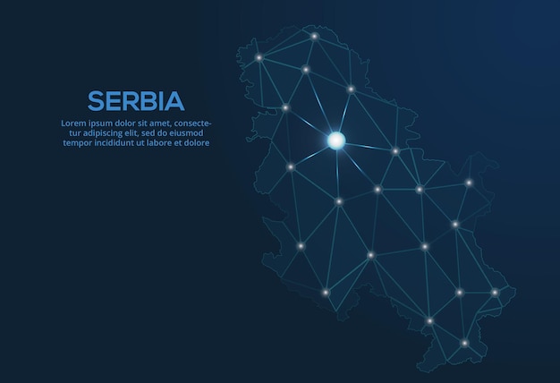 Карта сети связи Сербии Векторное низкополигональное изображение глобальной карты с огнями в виде городов Карта в виде немого созвездия и звезд