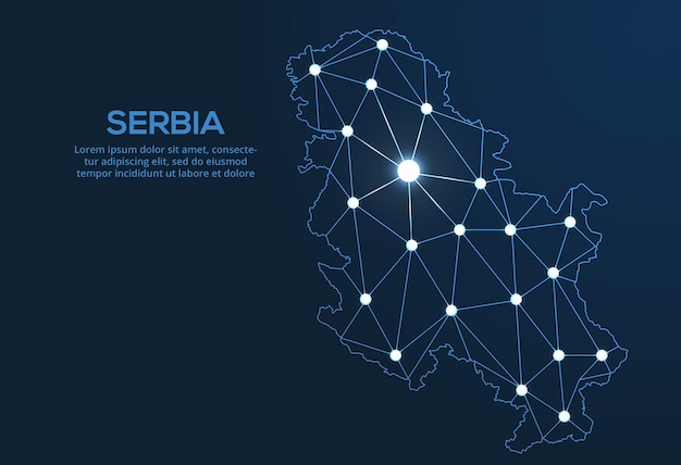 세르비아 통신 네트워크 지도 별자리 음소거 및 별 형태의 도시 지도의 조명이 있는 글로벌 지도의 벡터 낮은 폴리 이미지