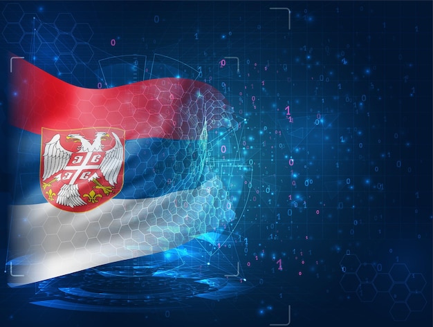 Serbia, bandiera 3d vettoriale su sfondo blu con interfacce hud