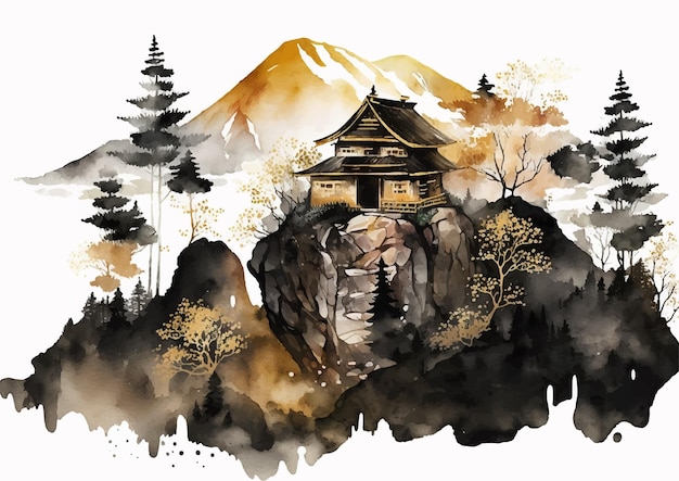 水彩で描かれた偶然の日本のお寺