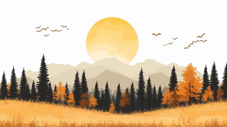 Vector serene autumn landscape with sun vector isolated illustration