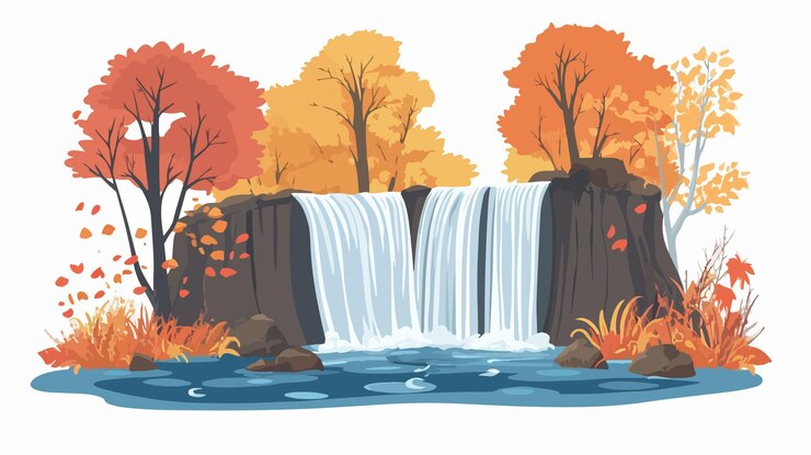 Vector serene autumn waterfall landscape vector illustration