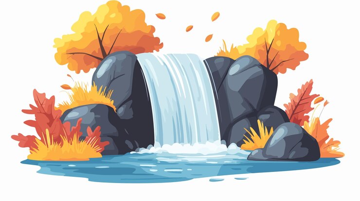 Vector serene autumn waterfall landscape vector illustration