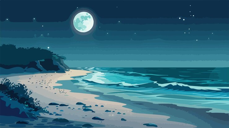 Vector serene beach in moonlight vertical seascape