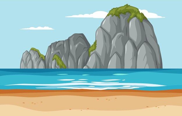 Vector serene beach and rocky cliffs illustration