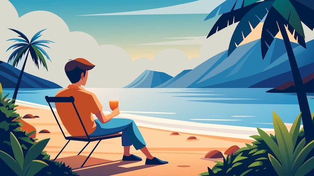 Vector serene beachside morning with relaxing individual