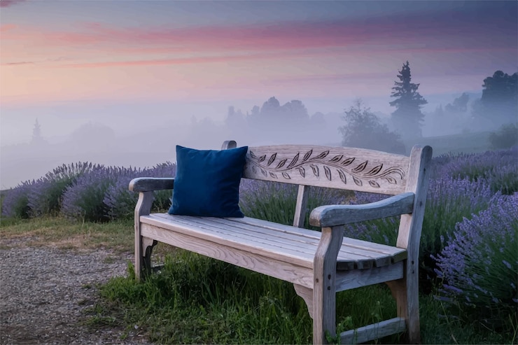 Vector serene bench in a lavender field at sunrise