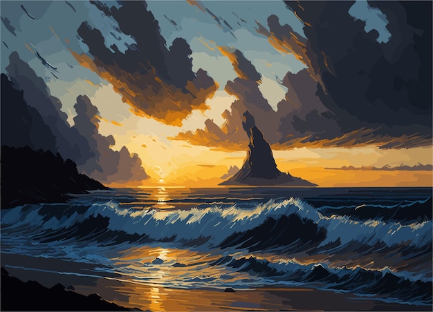 Vettore una serena scena costiera al tramonto con drammatiche formazioni di nuvole e onde che colpiscono la