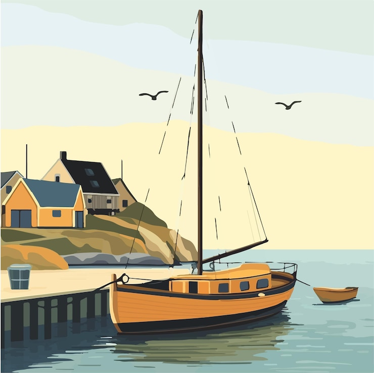Vector serene docked wooden sailboat vector illustration