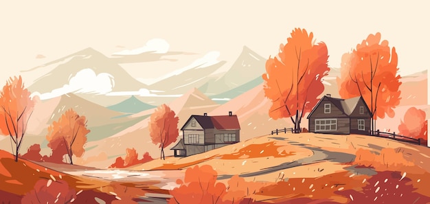 穏やかな逃避行 秋の木々や山を描く平らな視点と感情的なフォルム