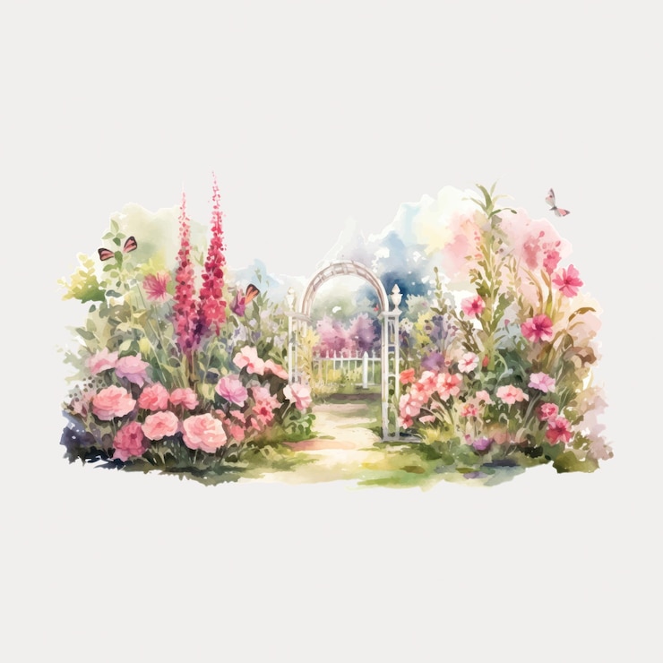 Vector serene floral garden watercolor painting