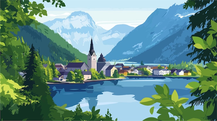 Vector serene hallstatt forest lake mountain landscape vector illustration