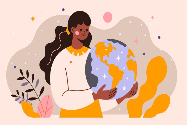 Una serena illustrazione di una donna che cocciola la terra in un gentile abbraccio