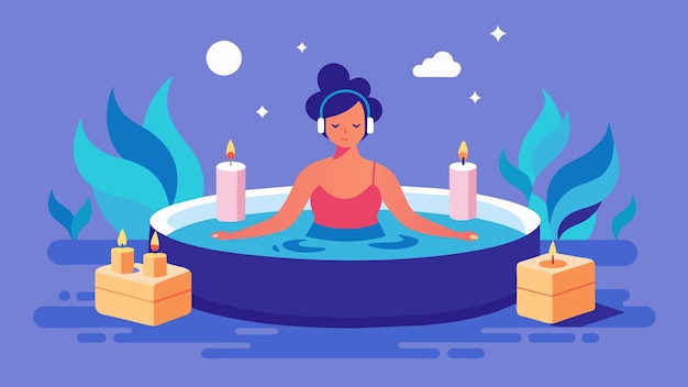 Vector a serene image of someone lounging in a soothing hot tub surrounded by calming candles and soft