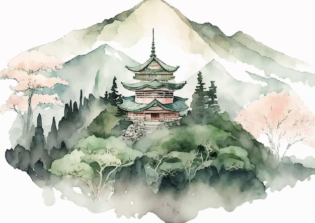 ベクトル 水彩風景の中の静かな日本の寺院