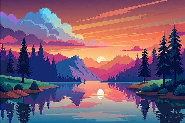 Vector a serene lake reflecting the colors of the sunset