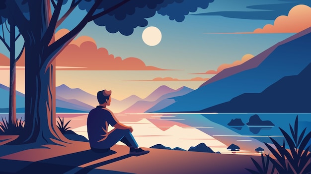 Vector serene lakeside twilight with solitary figure