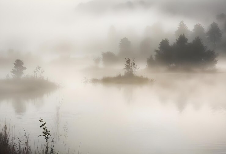 Vector serene landscape of a misty lake with silhouetted trees and vegetation in the background shrouded in soft ethereal fog