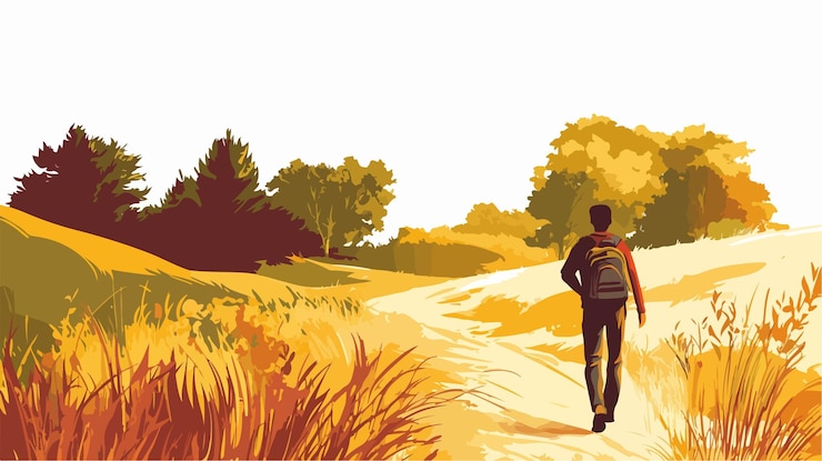 Vector serene landscape scene of walking outdoors painting in flat vector style