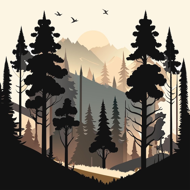Serene Landscape Vector Illustration with Tree Mountains and Birds